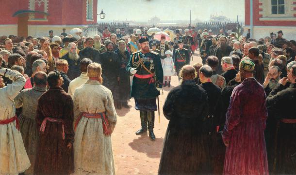 Приём волостных старшин Александром III во дворе Петровского дворца 1885—1886, И. Репин